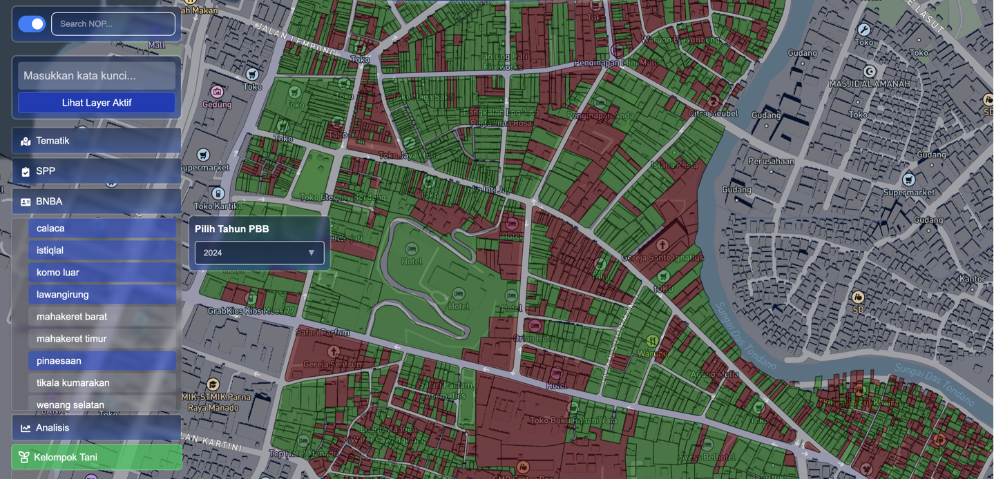 satellite view of flood-prone urban area with color-coded risk zones, dark futuristic interface overlay